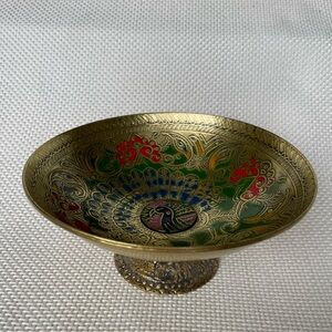 Vintage Brass Enamel Pedestal Dish Footed Bowl with Peacock Design